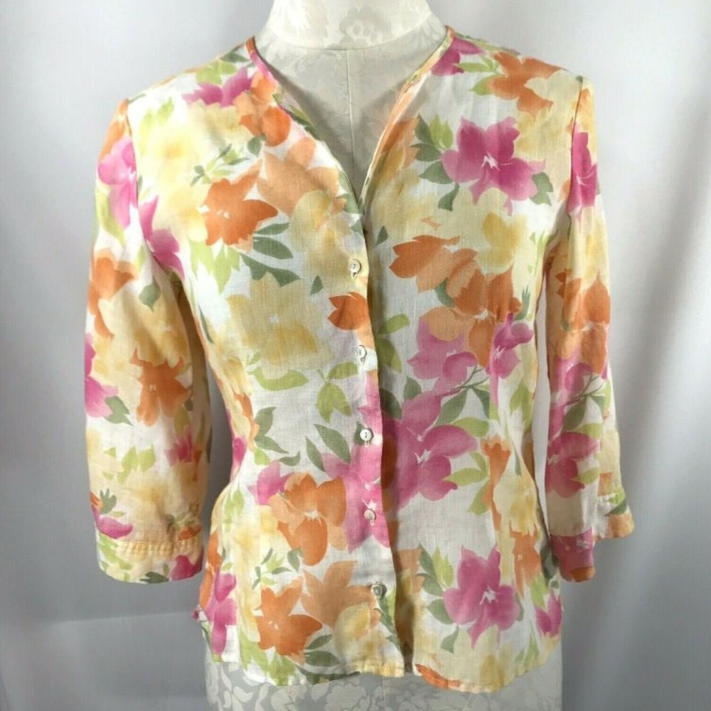 Talbots Petites 6P Linen Shirt Floral 3/4 Sleeves